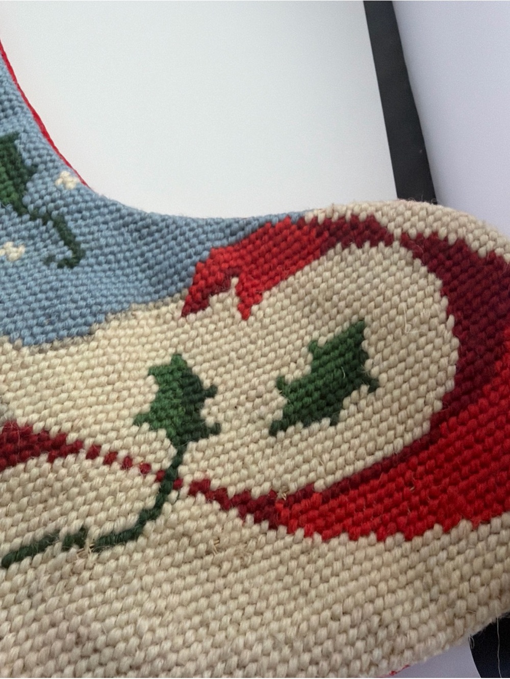Vintage Wool Needlepoint Christmas Stocking Velvet Let It Snow Snowman - Picture 9 of 15